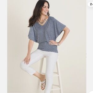 Chico's Indigo & White Geo Flutter Sleeve Knit Top Size XL